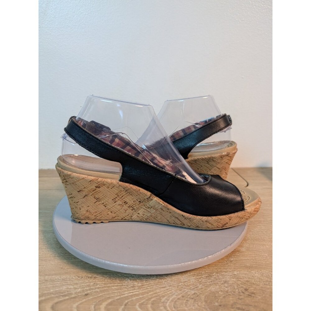 CROCS A-Leigh Black Leather Cork Wedge Slingbacks Sandals Size 8 Flaw - Picture 7 of 10